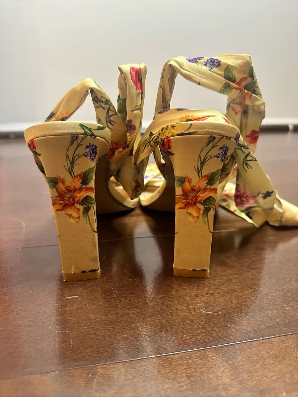 Express Floral Tie-Wrap Heeled Sandals in Yellow